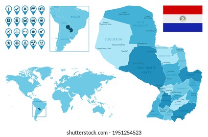 Paraguay detailed administrative blue map with country flag and location on the world map.