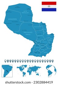 Paraguay - detailed blue country map with cities, regions, location on world map and globe. Infographic icons. Vector illustration