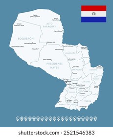 Paraguai - mapa detalhado azul de país com cidades e regiões. Ícones infográficos. Ilustração vetorial