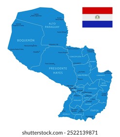 Paraguai - mapa detalhado azul de país com cidades e regiões. Ilustração vetorial.