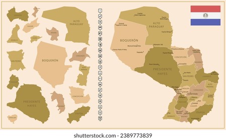 Paraguay - detailed map of the country in brown colors, divided into regions. Vector illustration