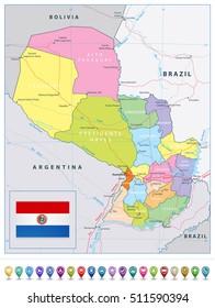  Paraguay detailed political road map and map pointers. All elements are separated in editable layers clearly labeled.