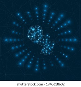 Paraguay digital map with glowing rays radiating from the country. Network connections and telecommunication design. Vector illustration.