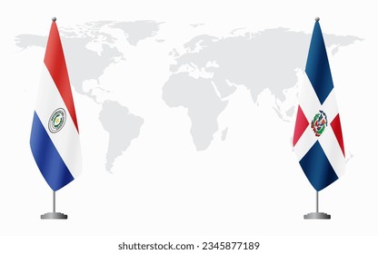 Paraguay and Dominican flags for official meeting against background of world map.