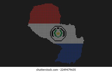 Bandera del mapa paraguayo con textura gruesa en forma de punto mosaico. Ilustración de vector píxel abstracto de un mapa de país con efecto de semitono para infografía. 