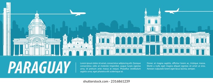 Paraguay famous landmark silhouette with blue and white color design,vector illustration