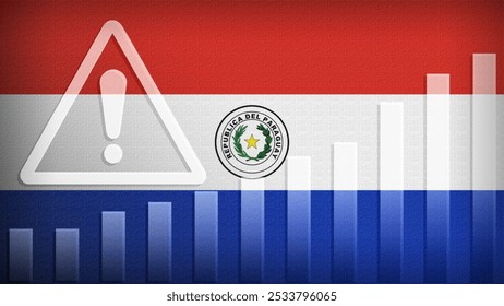 Paraguay flag with burlap texture, warning sign, and rising bar chart symbolizing increasing risk or growth challenges in the country. Ideal for data presentations.