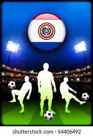 Paraguay Flag Button with Soccer Match in Stadium Original Illustration