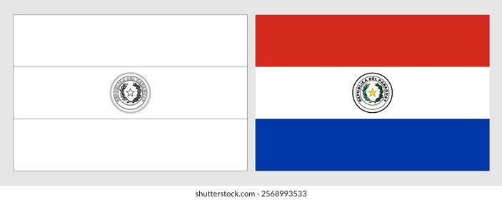 Paraguay flag - coloring page. Set of white wireframe thin black outline flag and original colored flag.