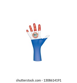 Paraguay flag and hand on white background. Vector illustration