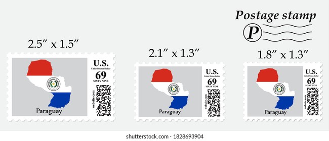 Paraguay flag map on postage stamp different size.