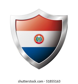 Paraguay flag on metal shiny shield vector illustration. Collection of flags on shield against white background. Abstract isolated object.