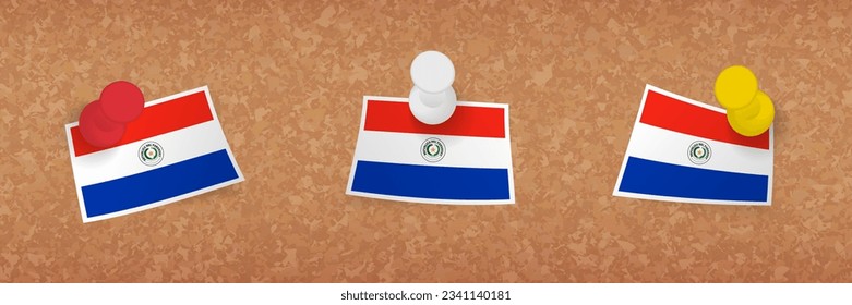 Paraguay flag pinned in cork board, three versions of Paraguay flag. Vector pushpins and flag set.