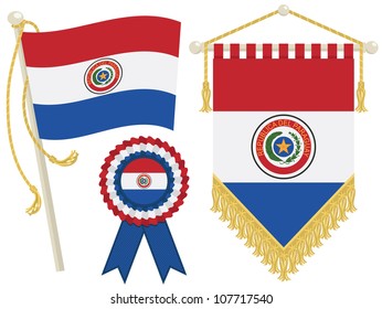 paraguay flag, rosette and pennant, isolated on white