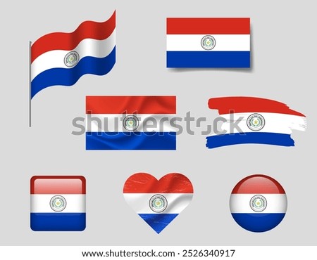 Paraguay flag set of icons. Vector flag of Paraguay, symbol. Set of Paraguay flags brush, button, waved, heart.