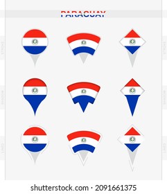 Paraguay flag, set of location pin icons of Paraguay flag. Vector illustration of national symbols.