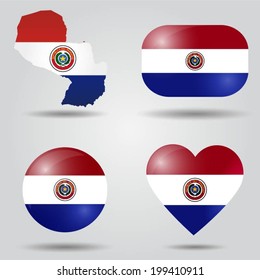 Paraguay flag set in map, oval, circular and heart shape.