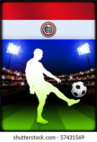 Paraguay Flag with Soccer Player on Stadium Background Original Illustration
