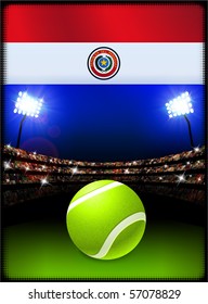 Paraguay Flag with Tennis Ball on Stadium Background Original Illustration