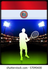 Paraguay Flag with Tennis Player on Stadium Background Original Illustration