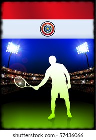 Paraguay Flag with Tennis Player on Stadium Background Original Illustration