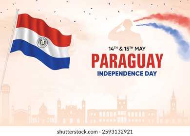 Paraguay Flag Waving On Skyline Background. Independence Day Concept Design Vector Illustration.