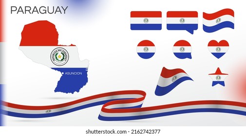 Paraguay flags set. Various designs. Map and capital city. World flags. Vector set. Circle icon. Template for independence day. Collection of national symbols. Ribbon with colors of the flag.