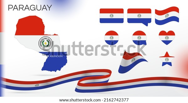 Paraguay flags set. Various designs. Map and\
capital city. World flags. Vector set. Circle icon. Template for\
independence day. Collection of national symbols. Ribbon with\
colors of the flag.
