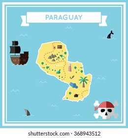 Paraguay flat treasure map. Colorful cartoon treasure map of Paraguay with flat icons of pirate ship, jolly roger, treasure chest and banner ribbon. Flat design vector illustration.