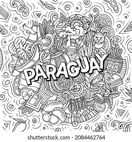 Paraguay hand drawn cartoon doodle illustration. Funny local design. Creative vector background. Handwritten text with Latin American elements and objects.