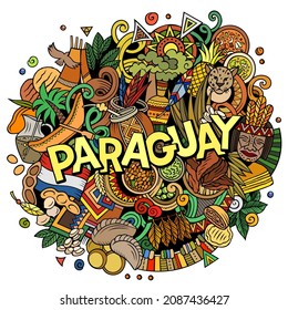 Paraguay hand drawn cartoon doodle illustration. Funny local design. Creative vector background. Handwritten text with Latin American elements and objects. Colorful composition