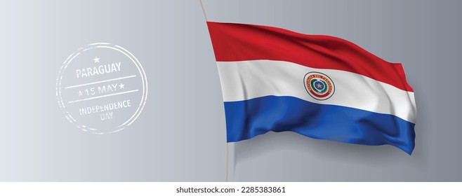 Paraguay happy independence day greeting card, banner with template text vector illustration. Paraguayan memorial holiday 15th of May design element with 3D flag with stripes