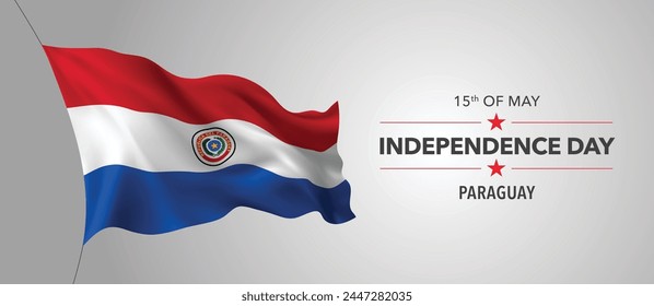 Paraguay happy independence day greeting card, banner with template text vector illustration. Paraguayan memorial holiday 15th of May design element with 3D flag with stripes