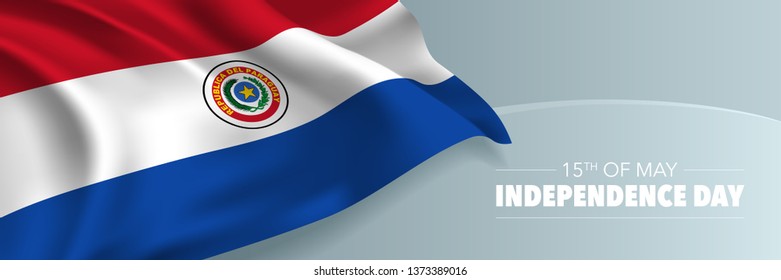 Paraguay happy independence day vector banner, greeting card. Paraguayan wavy flag in 15th of May national patriotic holiday horizontal design 
