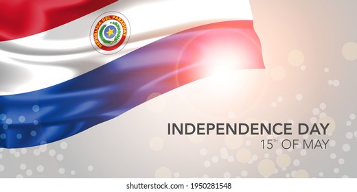 Paraguay happy independence day vector banner, greeting card. Paraguayan realistic wavy flag in 15th of May national patriotic holiday horizontal design