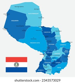 Paraguay highly detailed map. Vector blue illustration with borders, cities and national flag