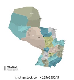 Paraguay higt detailed map with subdivisions. Administrative map of Paraguay with districts and cities name, colored by states and administrative districts. Vector illustration.