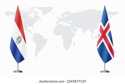 Paraguay and Iceland flags for official meeting against background of world map.