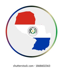 Paraguay icon. Shape of the country with Paraguay flag. Round sign with flag colors gradient ring. Radiant vector illustration.