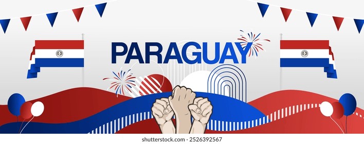 Paraguay independence day banner with country flag. Modern abstract art for various purposes such as national holiday greeting cards, sports and music event posters, web headers. Horizontal design