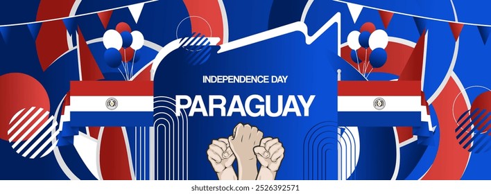 Paraguay independence day banner with country flag. Modern abstract art for various purposes such as national holiday greeting cards, sports and music event posters, web headers. Horizontal design