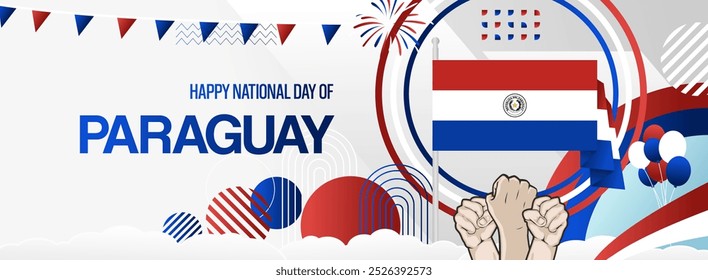 Paraguay independence day banner with country flag. Modern abstract art for various purposes such as national holiday greeting cards, sports and music event posters, web headers. Horizontal design