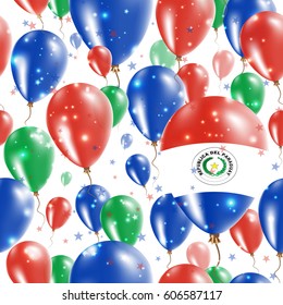 Paraguay Independence Day Seamless Pattern. Flying Rubber Balloons in Colors of the Paraguayan Flag. Happy Paraguay Day Patriotic Card with Balloons, Stars and Sparkles.