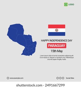 Paraguay Independence Day Social Media Banner, Editable Vector Design with Map and Flag