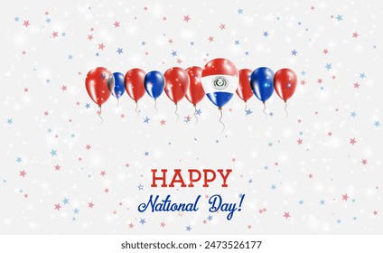 Paraguay  Independence Day Sparkling Patriotic Poster. Row of Balloons in Colors of the Paraguayan Flag. Greeting Card with National Flags, Confetti and Stars.