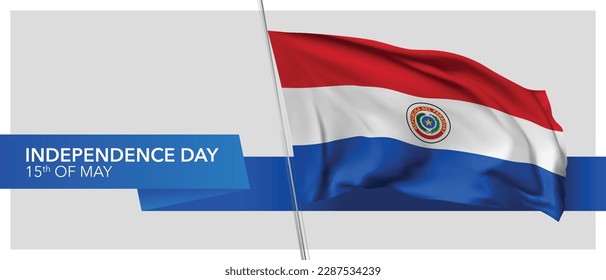 Cartel vectorial del día de la independencia de Paraguay, tarjeta de saludo. Bandera ondulada paraguaya en el diseño horizontal de la festividad patriótica del 15 de mayo