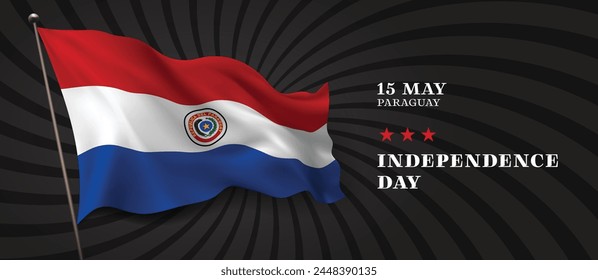 Día de la Independencia de Paraguay Anuncio de Vector, tarjeta de felicitación. Bandera paraguaya ondulada en la fiesta patriótica nacional del 15 de mayo con diseño Horizontal