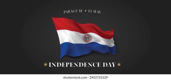 Día de la Independencia de Paraguay Anuncio de Vector, tarjeta de felicitación. Bandera ondulada paraguaya en la fiesta patriótica del 15 de mayo con diseño Horizontal con bandera realista