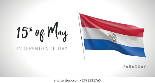 Paraguay independence day vector banner, greeting card. Paraguayan wavy flag in 15th of May patriotic holiday horizontal design with realistic flag