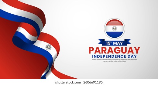 Paraguay Independence Day waving flag banner background with blank space area